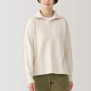 MUJI Women's Washable Milano Ribbed Half Zip Sweater Off White XL